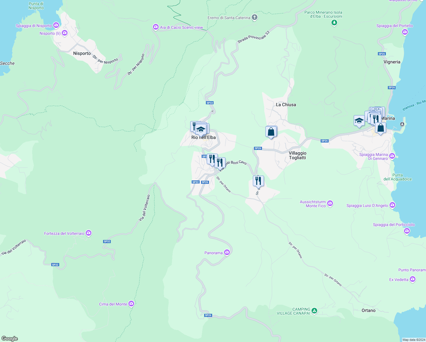 map of restaurants, bars, coffee shops, grocery stores, and more near 20 Via del Padre Eterno in Rio Nell'elba