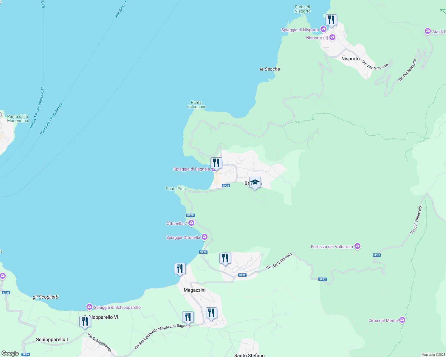 map of restaurants, bars, coffee shops, grocery stores, and more near 181 SP28 in Bagnaia
