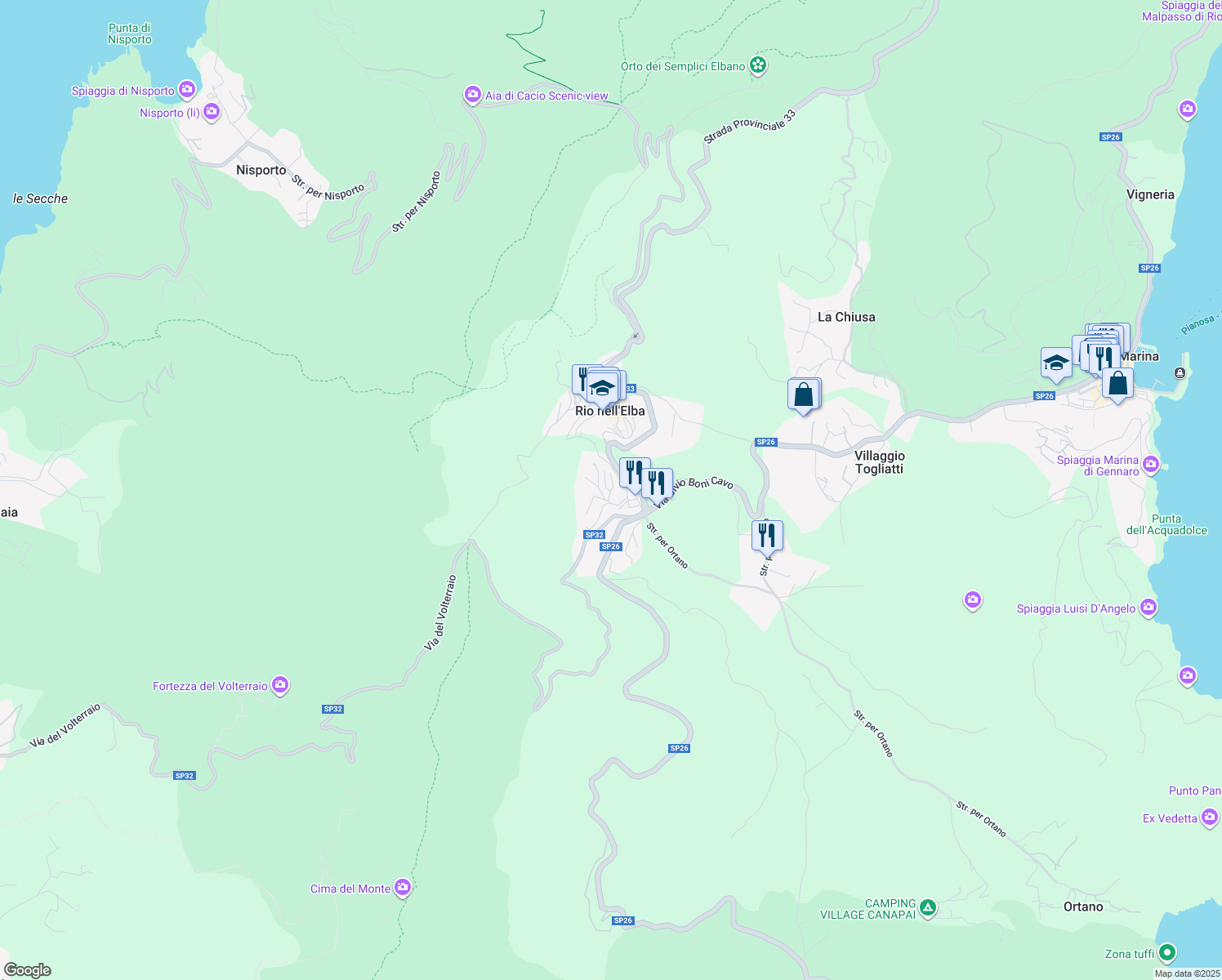 map of restaurants, bars, coffee shops, grocery stores, and more near 12 Via della Calcite in Rio Nell'elba