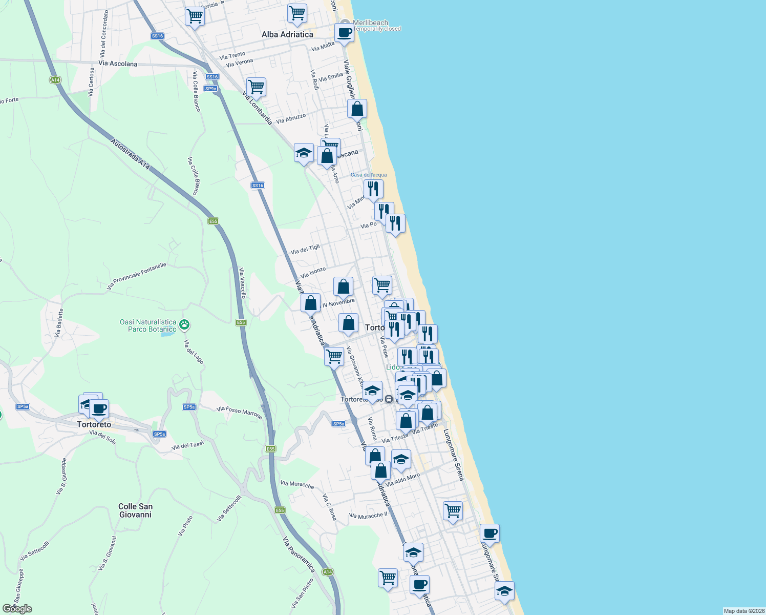 map of restaurants, bars, coffee shops, grocery stores, and more near 102 Via Archimede in Tortoreto Lido