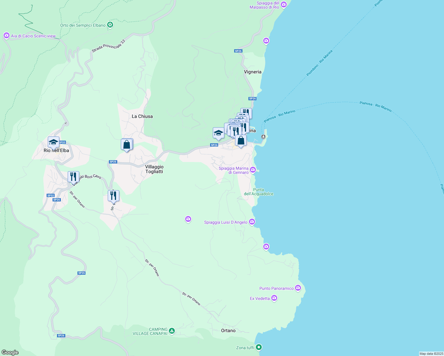 map of restaurants, bars, coffee shops, grocery stores, and more near 22 Via Panoramica in Rio Marina