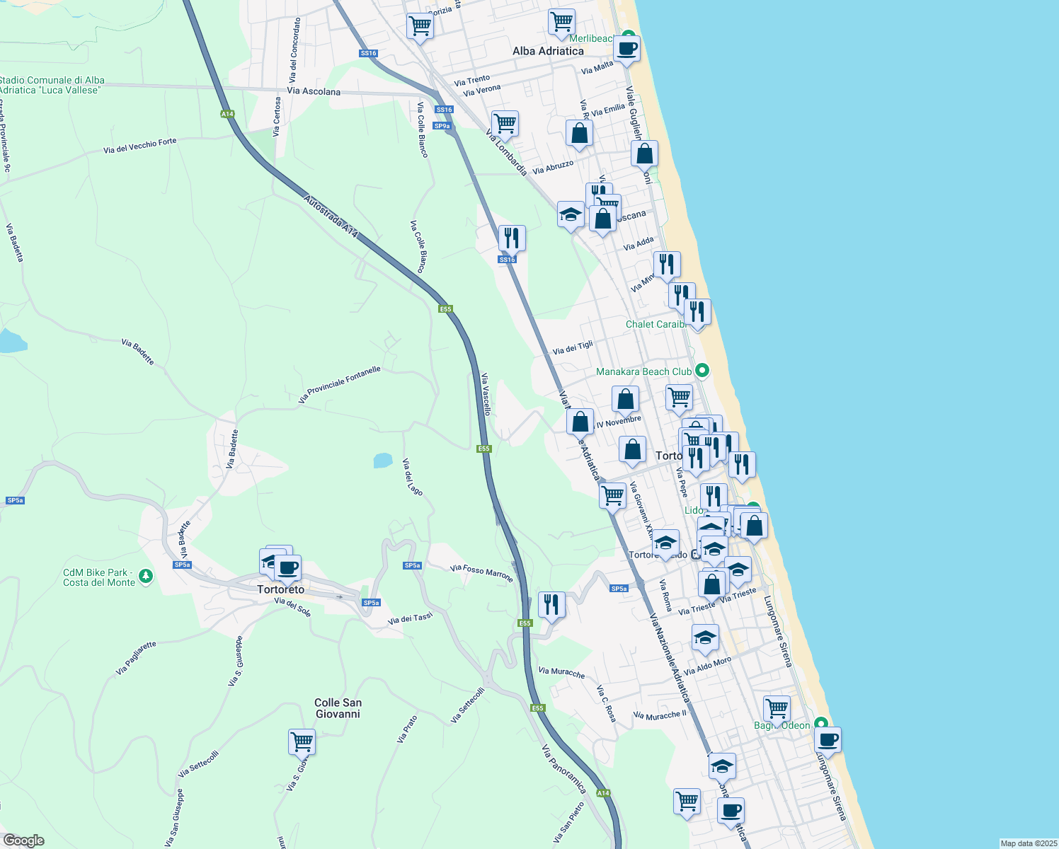 map of restaurants, bars, coffee shops, grocery stores, and more near 4 Via Vascello in Tortoreto Lido