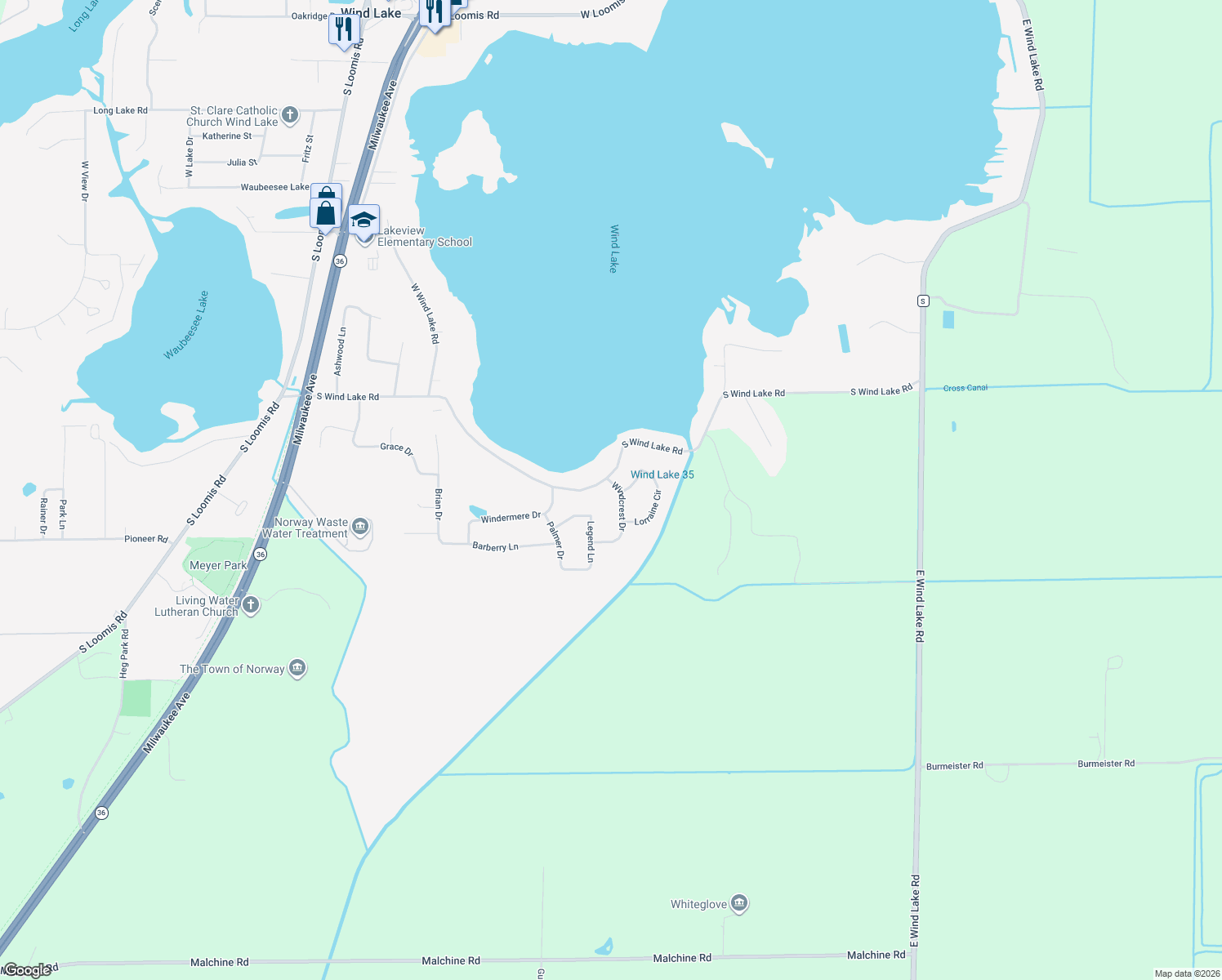 map of restaurants, bars, coffee shops, grocery stores, and more near 6738 Wind Crest Drive in Wind Lake