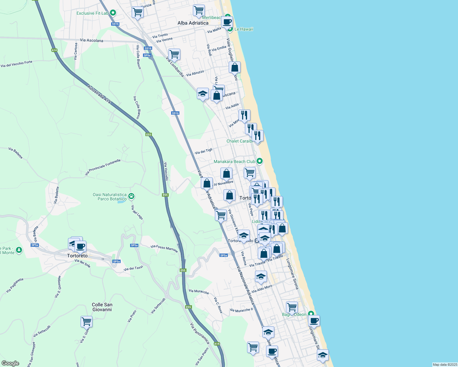 map of restaurants, bars, coffee shops, grocery stores, and more near 2 Via Corradino D'Ascanio in Tortoreto Lido