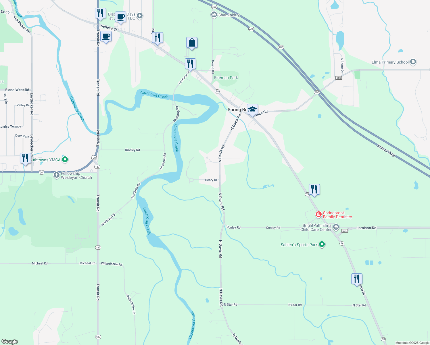 map of restaurants, bars, coffee shops, grocery stores, and more near 458 North Davis Road in Erie County