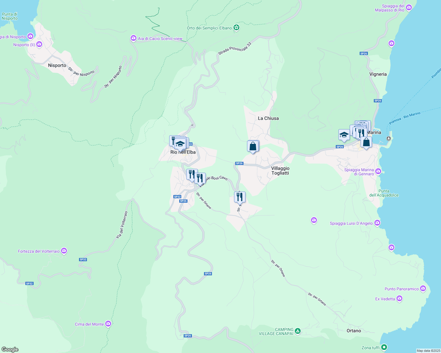 map of restaurants, bars, coffee shops, grocery stores, and more near 6 Via Bivio Boni Cavo in Provincia di Livorno