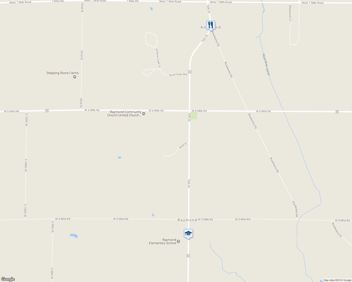 map of restaurants, bars, coffee shops, grocery stores, and more near 7720 Boldt Drive in Racine County