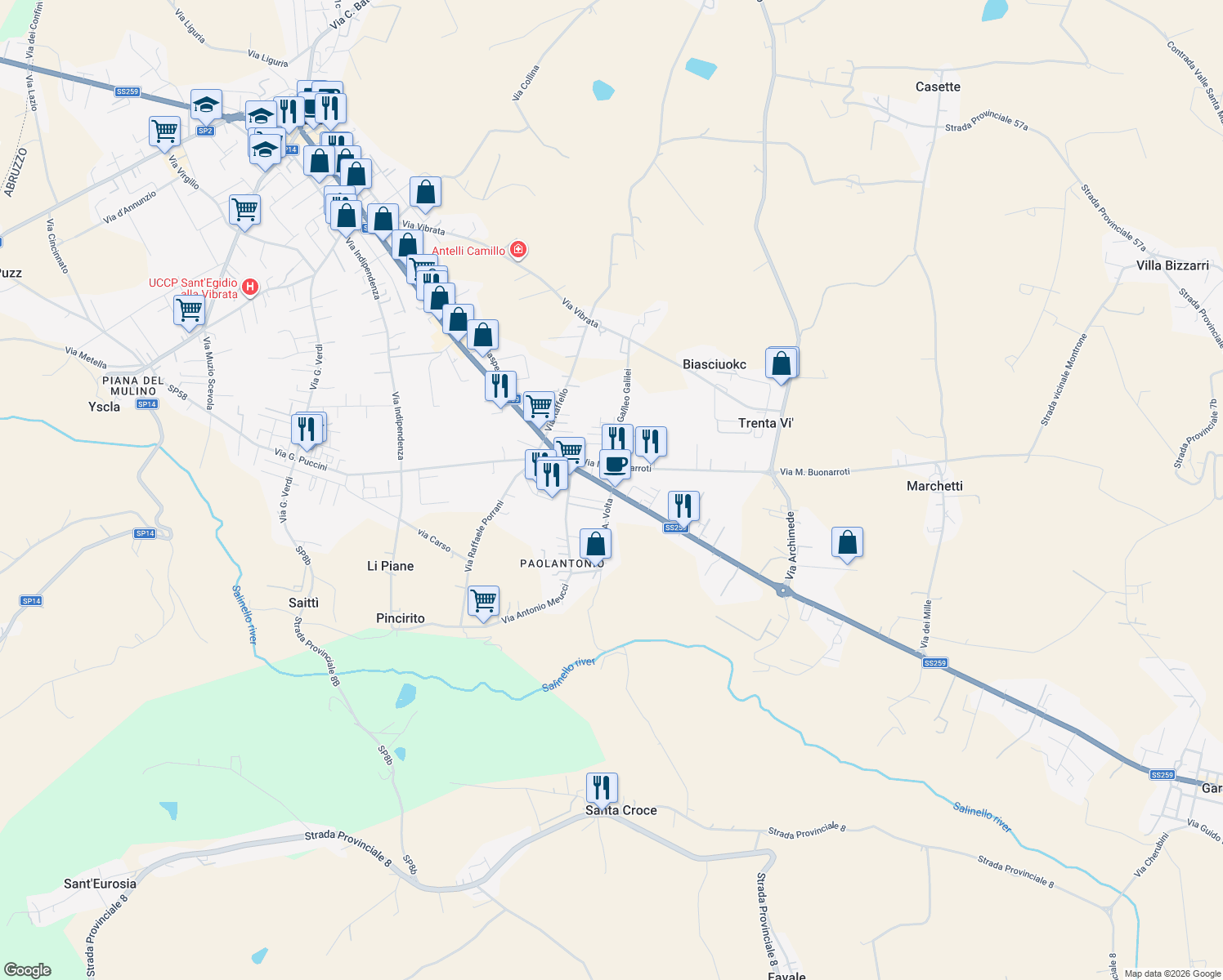 map of restaurants, bars, coffee shops, grocery stores, and more near 152 Viale J. F. Kennedy in Sant'Egidio alla Vibrata