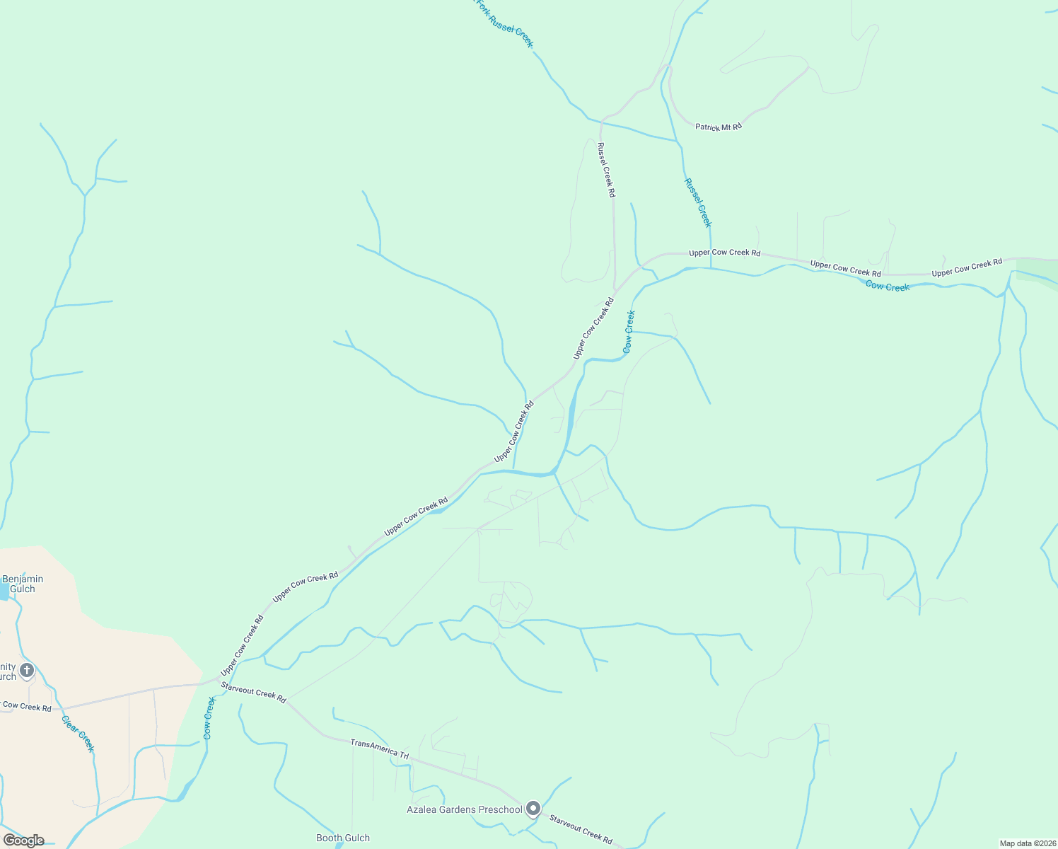 map of restaurants, bars, coffee shops, grocery stores, and more near 2367 Upper Cow Creek Road in Azalea