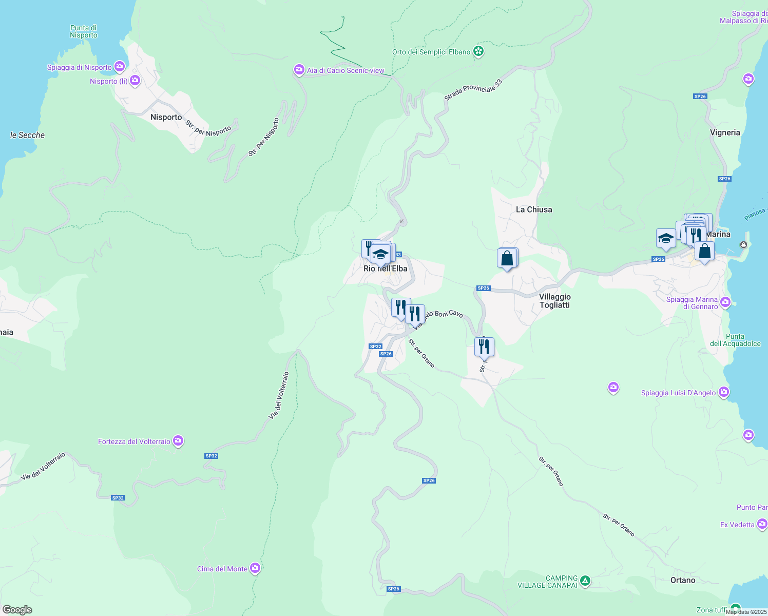 map of restaurants, bars, coffee shops, grocery stores, and more near 12 Via della Calcite in Rio Nell'elba