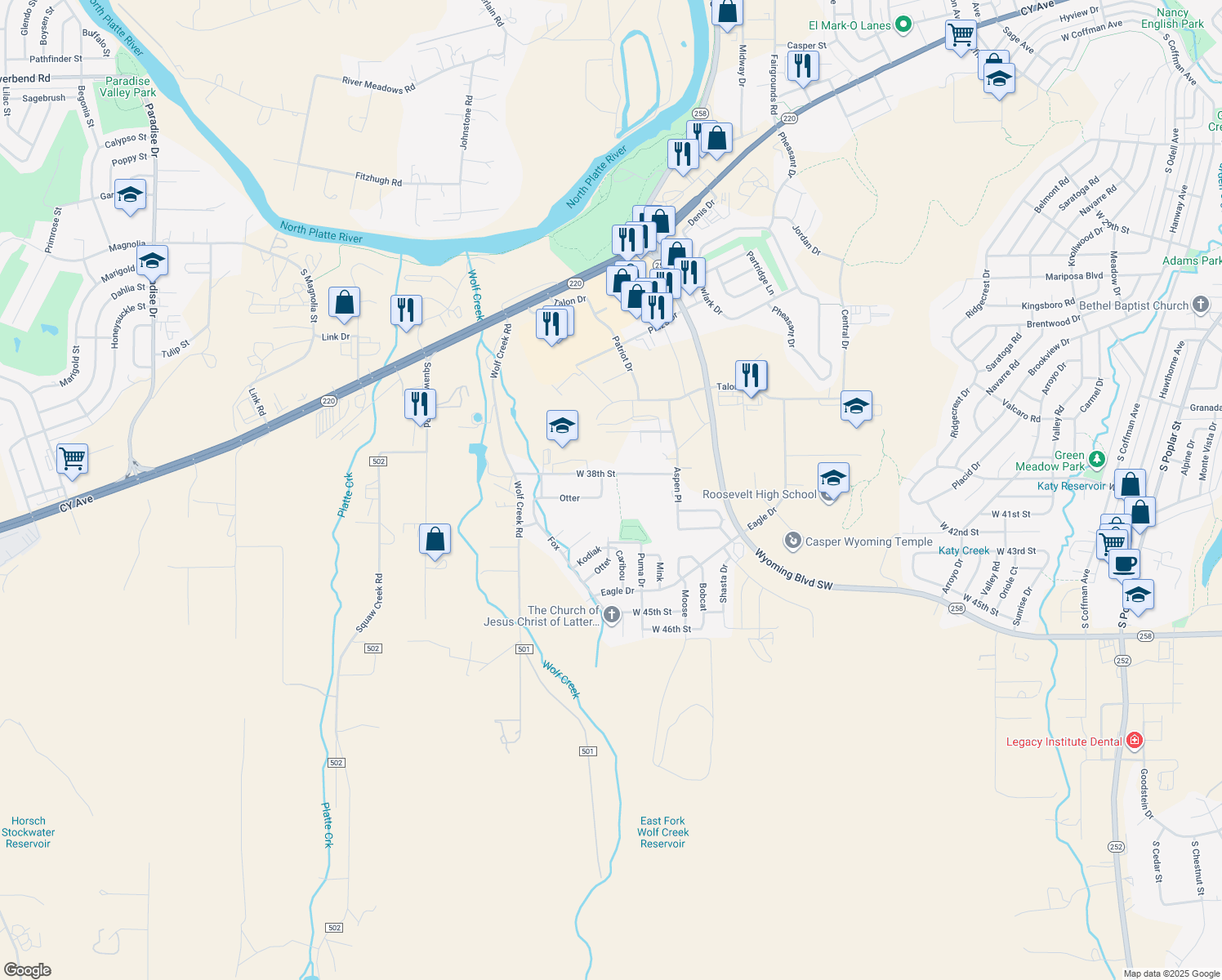 map of restaurants, bars, coffee shops, grocery stores, and more near 3851 Otter in Casper