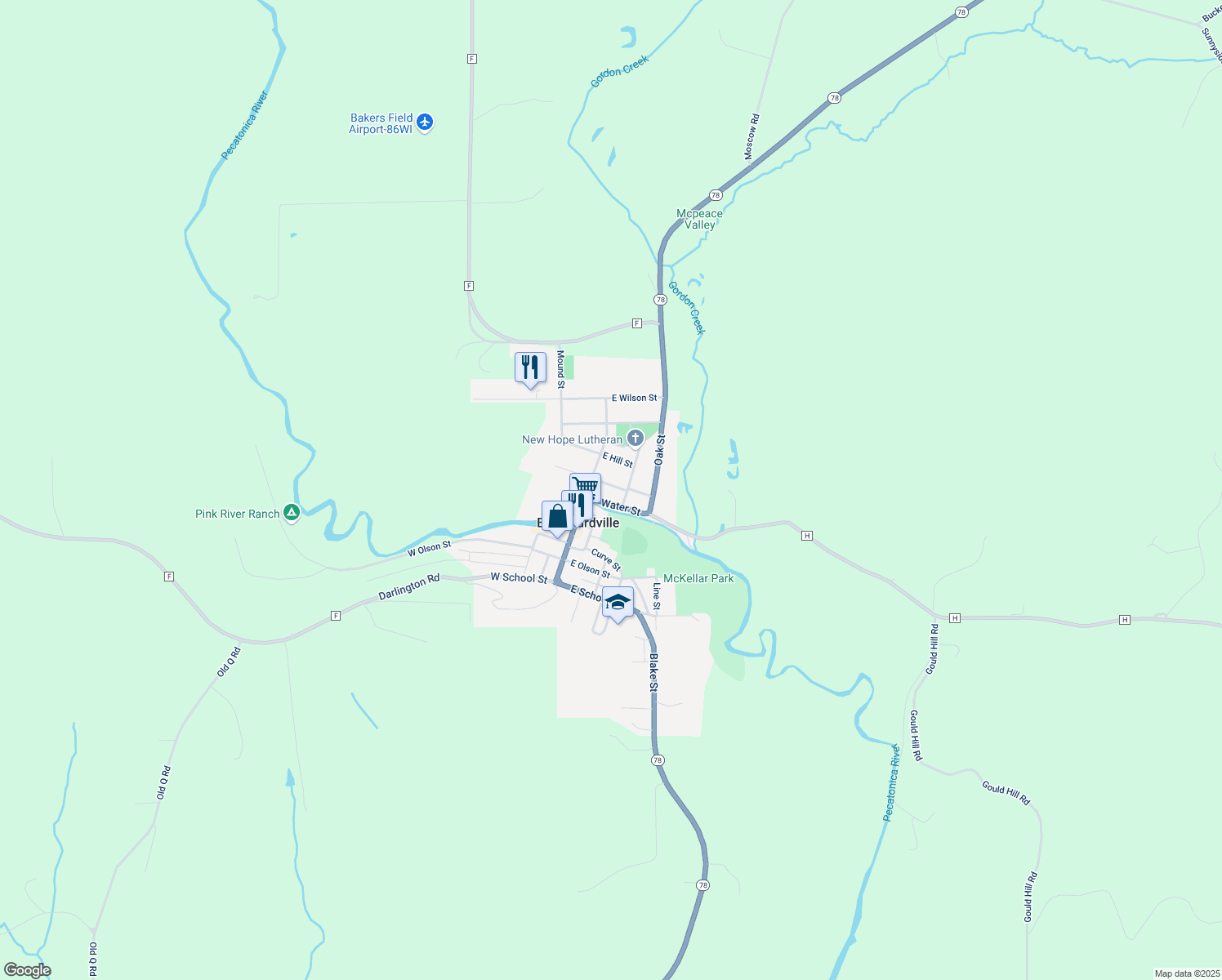map of restaurants, bars, coffee shops, grocery stores, and more near 108 E Church St in Blanchardville