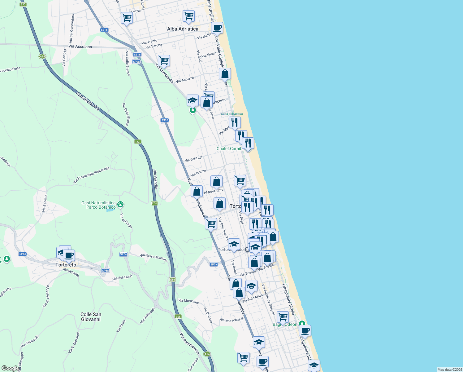 map of restaurants, bars, coffee shops, grocery stores, and more near 25 Via Enrico Toti in Tortoreto Lido