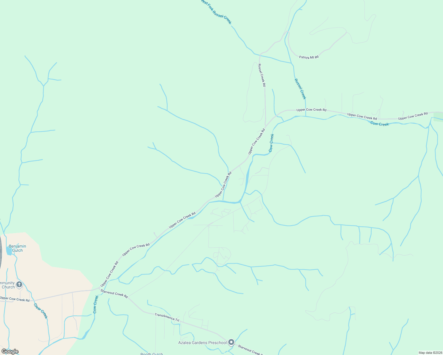 map of restaurants, bars, coffee shops, grocery stores, and more near 2358 Upper Cow Creek Road in Azalea