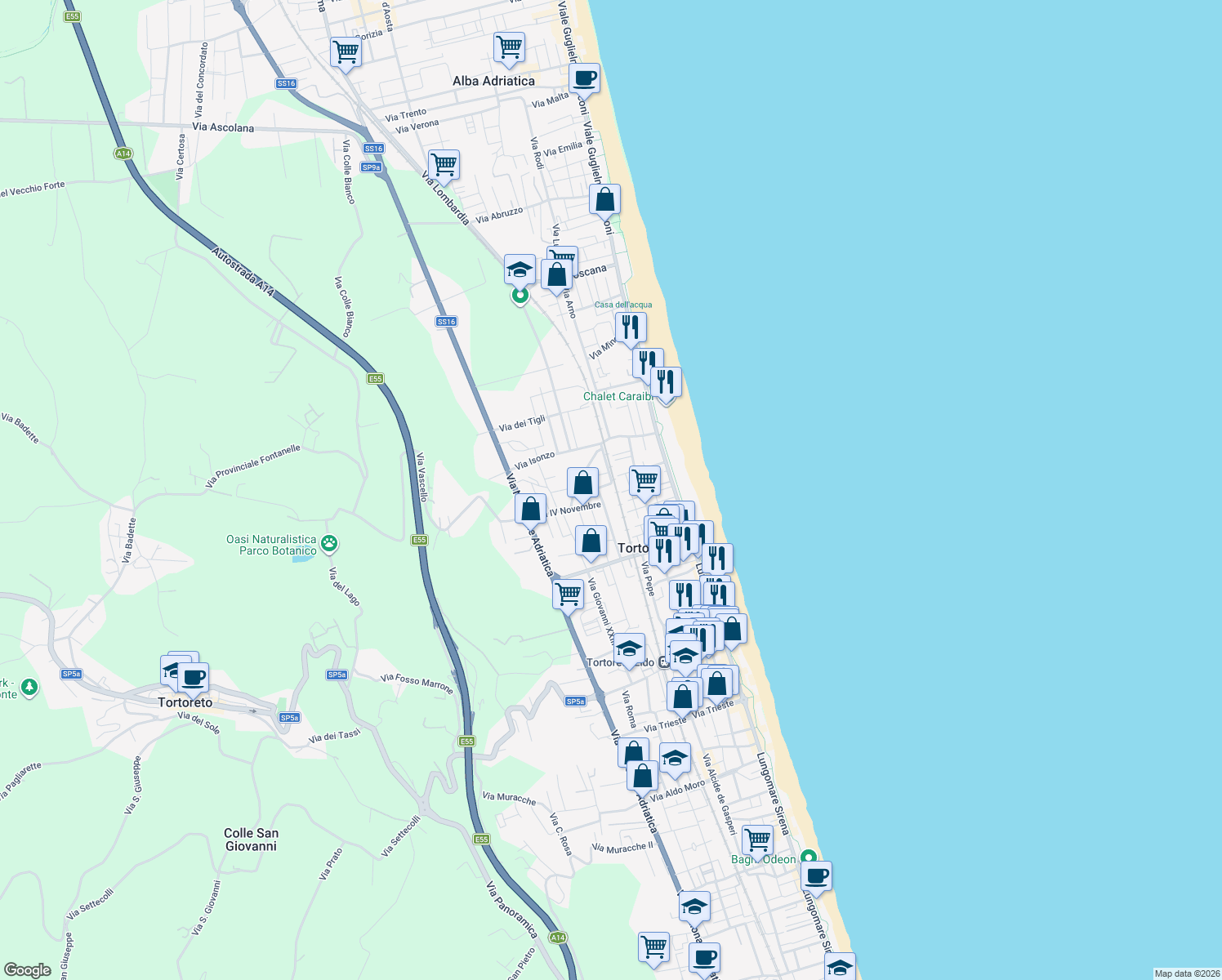 map of restaurants, bars, coffee shops, grocery stores, and more near 25 Via Enrico Toti in Tortoreto Lido