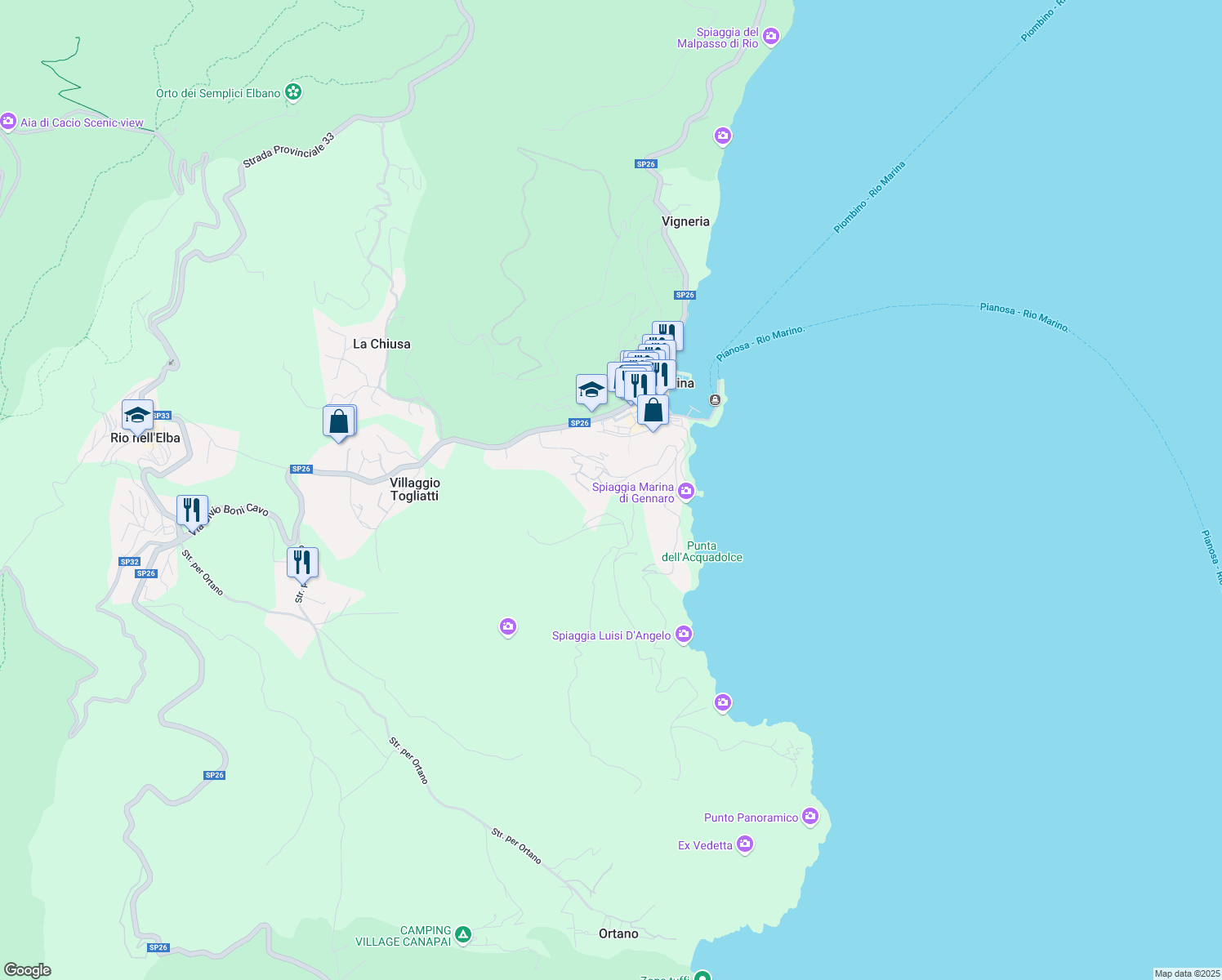 map of restaurants, bars, coffee shops, grocery stores, and more near 22 Via Panoramica in Rio Marina