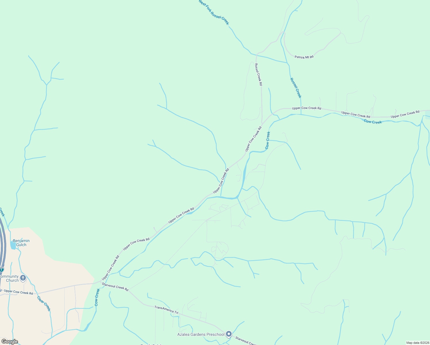 map of restaurants, bars, coffee shops, grocery stores, and more near 2367 Upper Cow Creek Road in Azalea