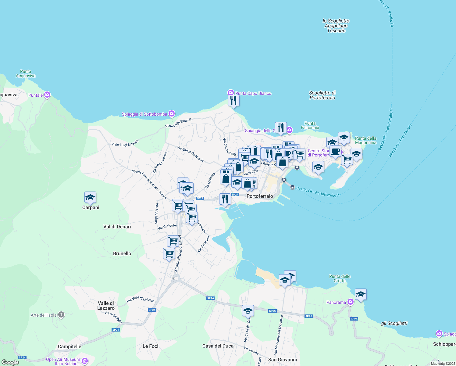 map of restaurants, bars, coffee shops, grocery stores, and more near 112 Via Rodolfo Manganaro in Portoferraio