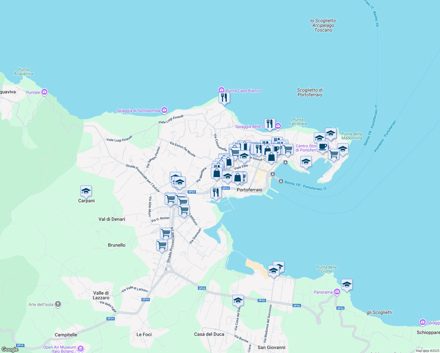 map of restaurants, bars, coffee shops, grocery stores, and more near 112 Via Rodolfo Manganaro in Portoferraio