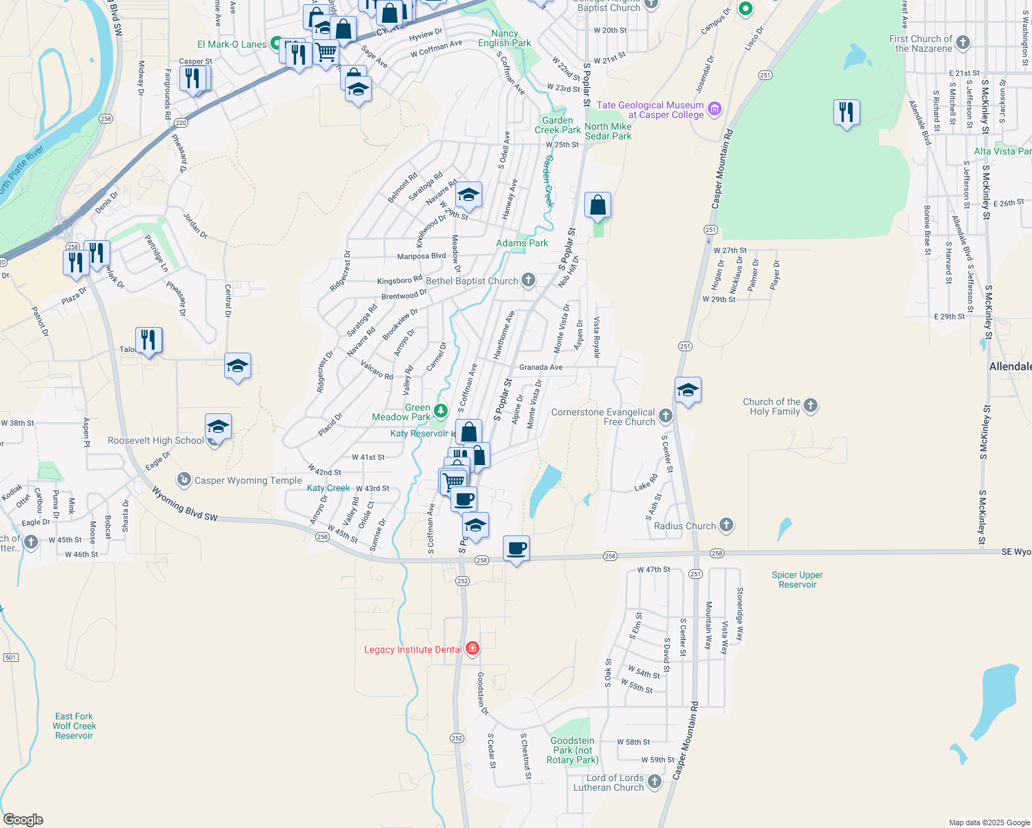 map of restaurants, bars, coffee shops, grocery stores, and more near 3699 Alpine Dr in Casper