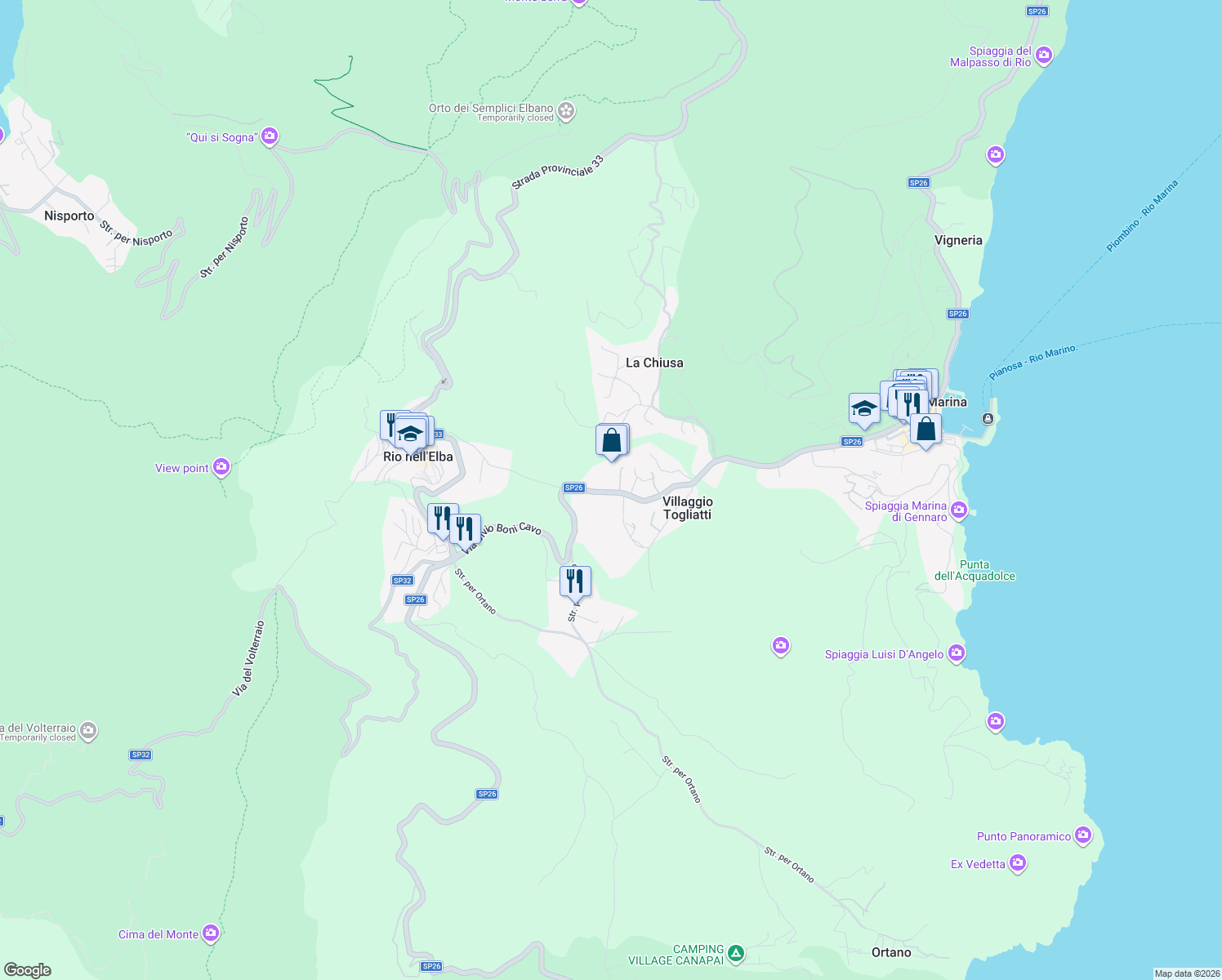 map of restaurants, bars, coffee shops, grocery stores, and more near 11-17 Via Bivio Boni Cavo in Provincia di Livorno
