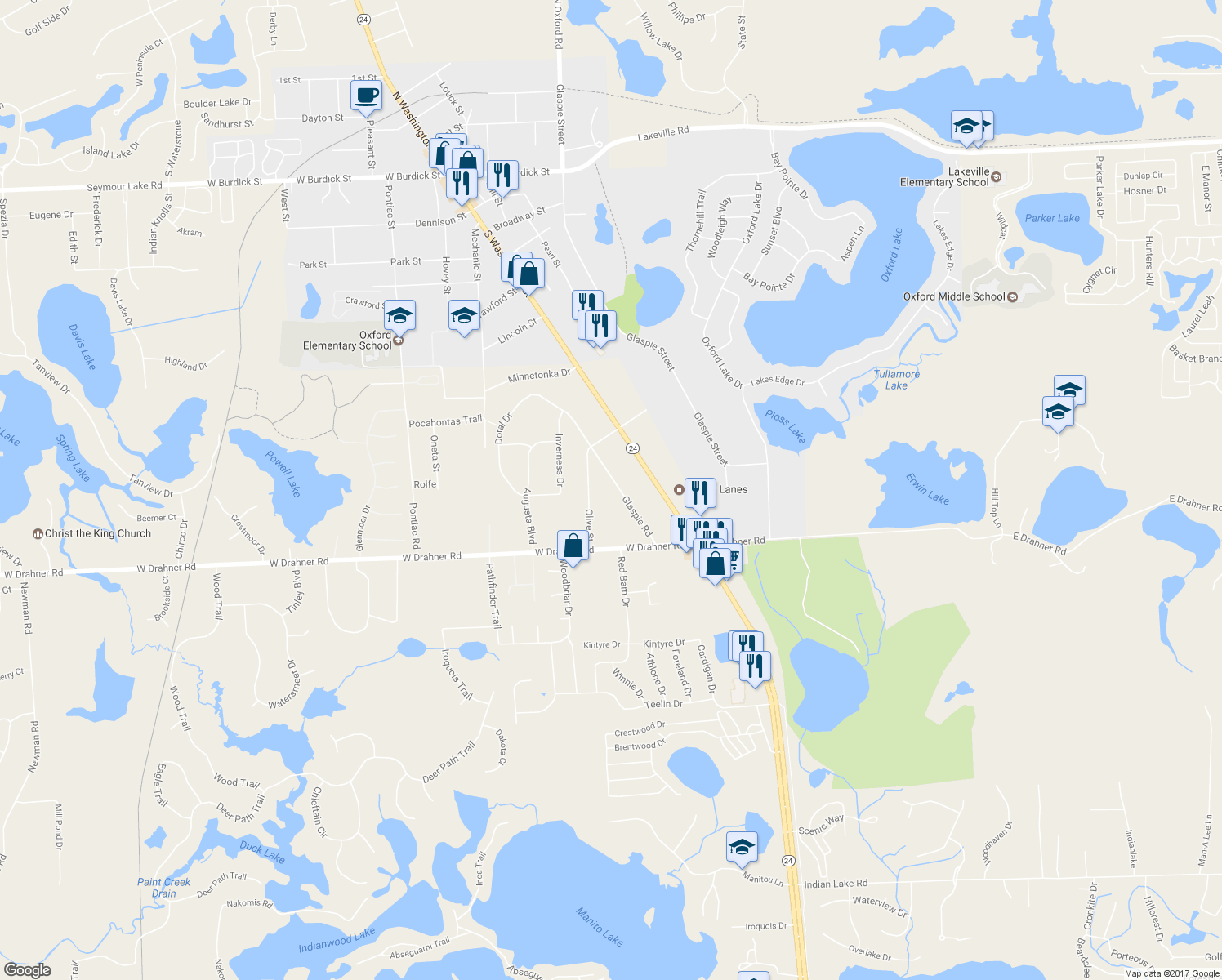 map of restaurants, bars, coffee shops, grocery stores, and more near 770 Glaspie Road in Oakland County