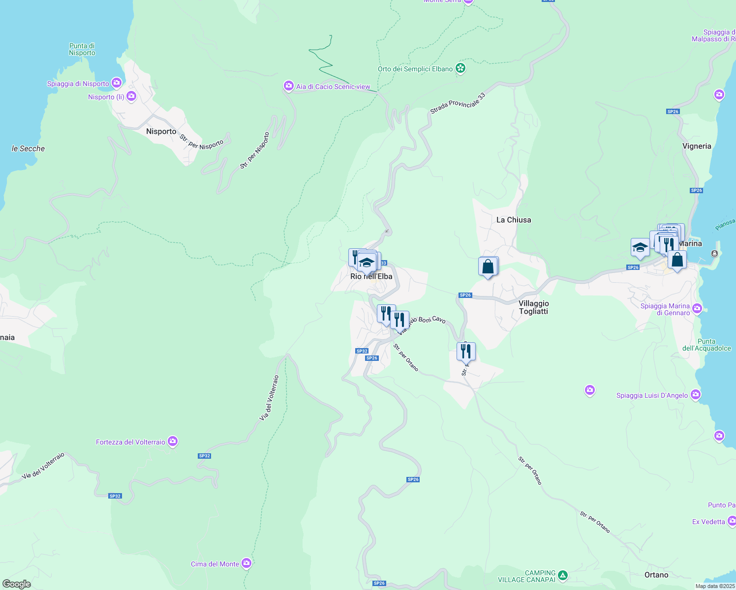 map of restaurants, bars, coffee shops, grocery stores, and more near 24 Via Aldo Moro in Rio Nell'elba