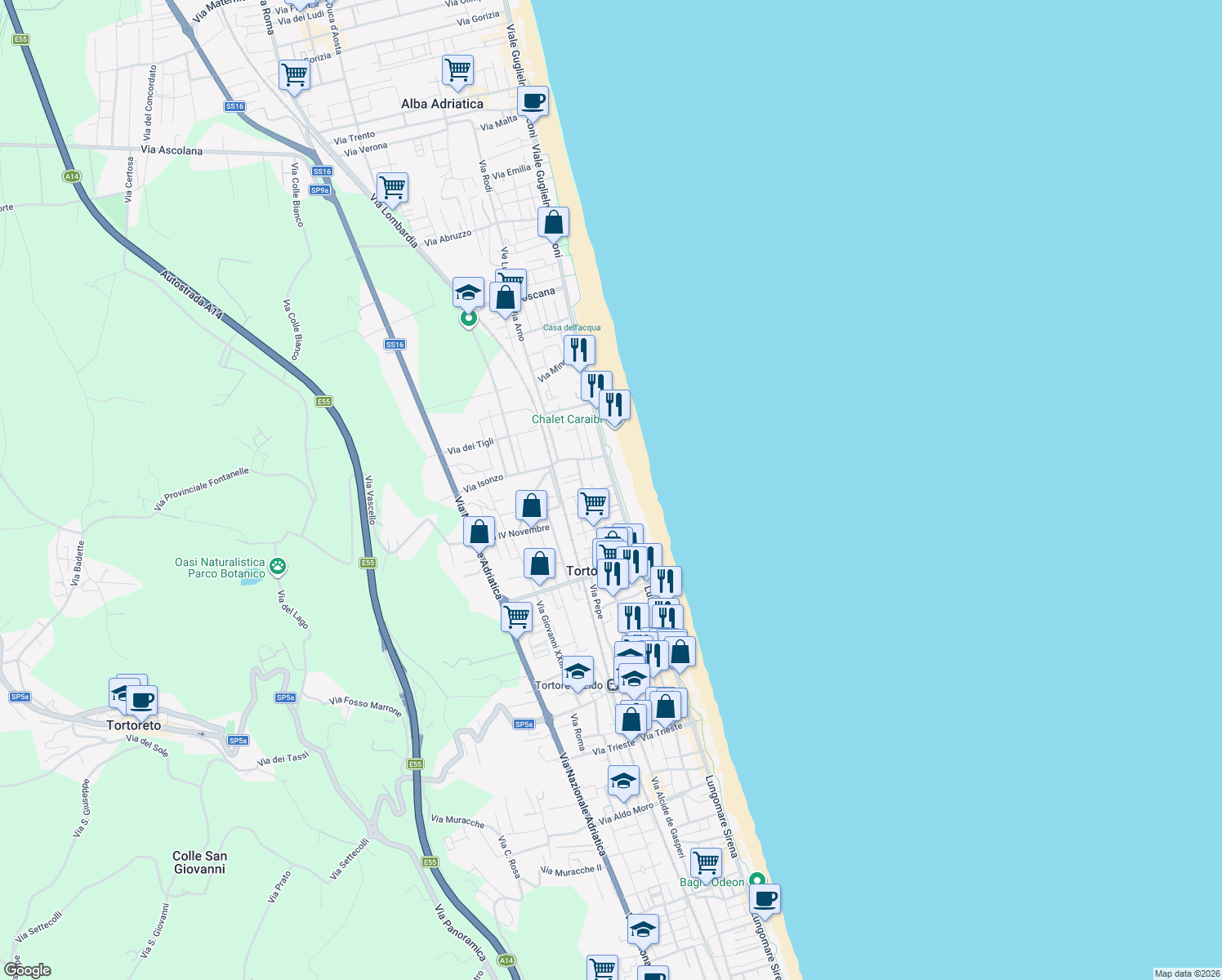 map of restaurants, bars, coffee shops, grocery stores, and more near 5 Via Nino Bixio in Tortoreto Lido