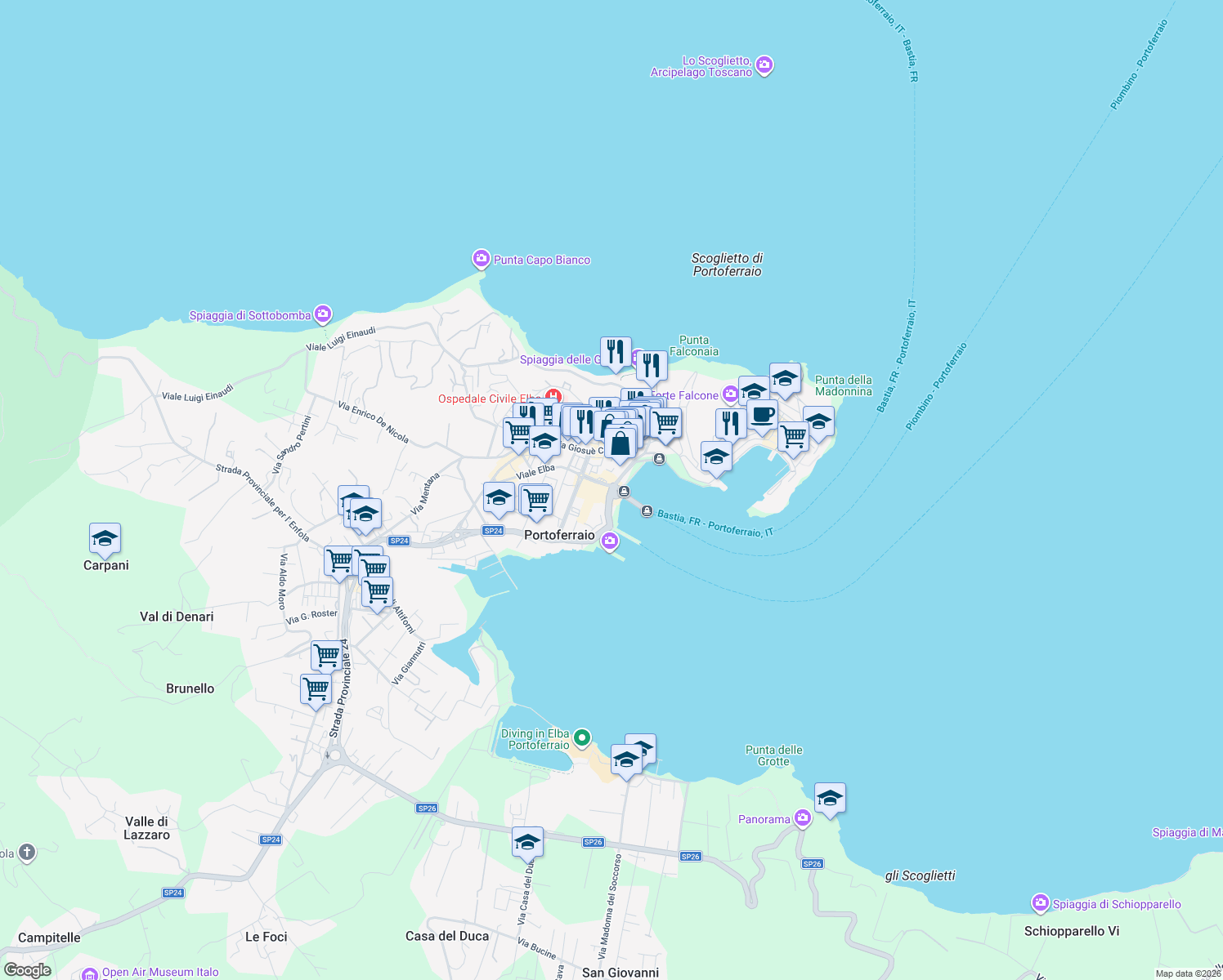 map of restaurants, bars, coffee shops, grocery stores, and more near 2 Viale Elba in Portoferraio