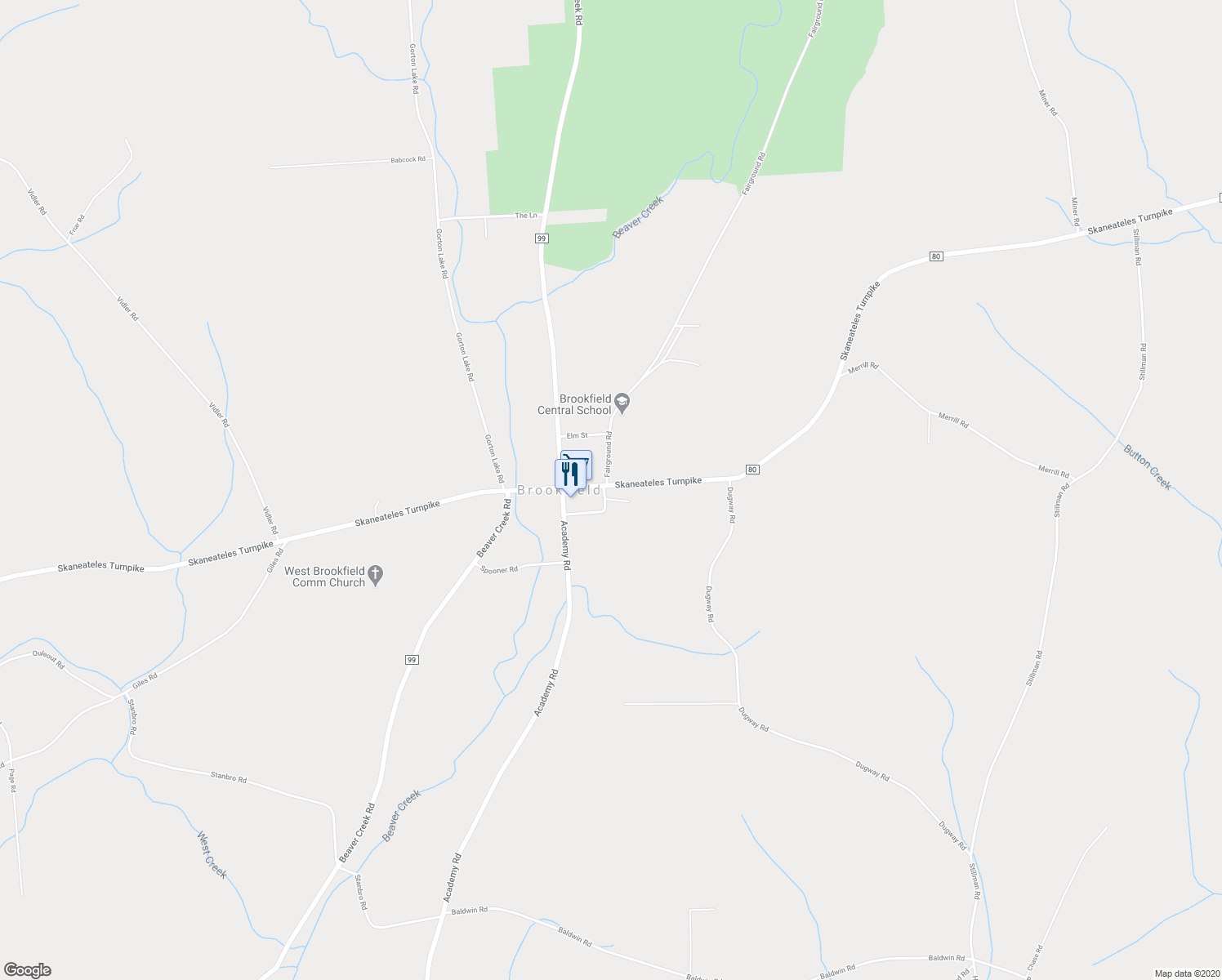 map of restaurants, bars, coffee shops, grocery stores, and more near 10568 Main Street in West Edmeston