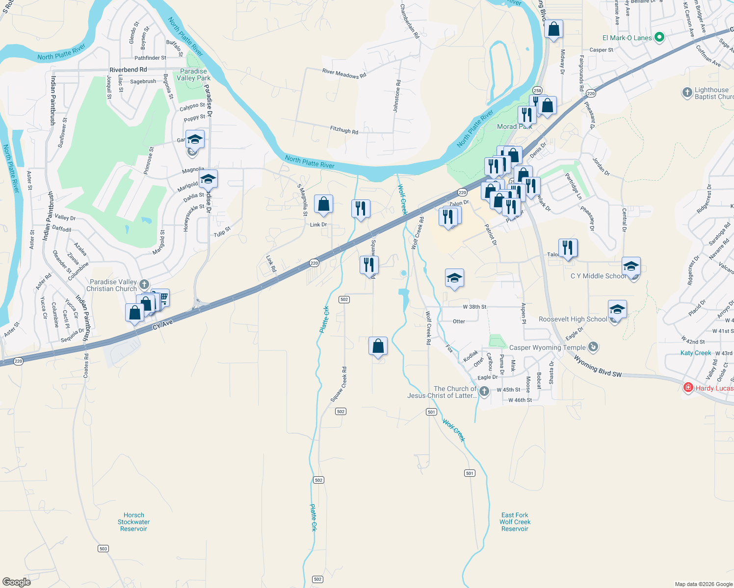 map of restaurants, bars, coffee shops, grocery stores, and more near 2600 Squaw Creek Rd in Casper