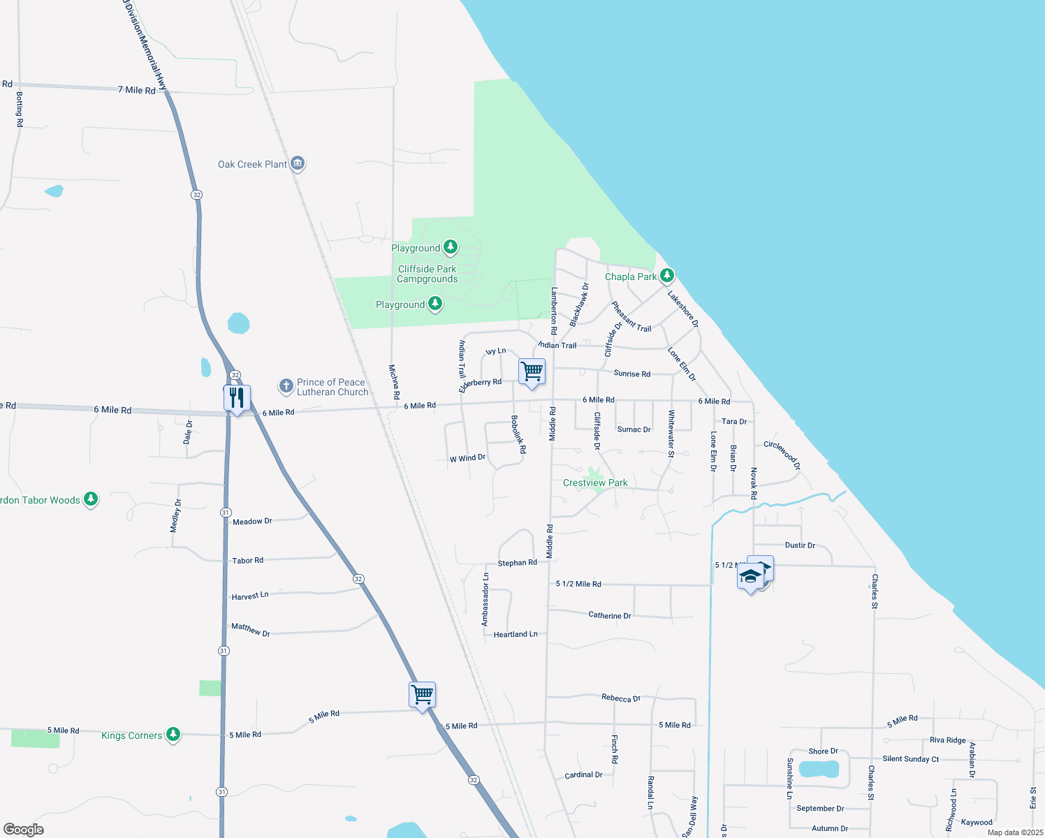 map of restaurants, bars, coffee shops, grocery stores, and more near 6921 Bobolink Road in Racine