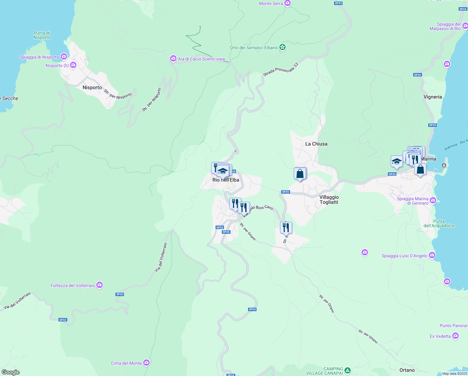 map of restaurants, bars, coffee shops, grocery stores, and more near 48 Via Giuseppe Mazzini in Rio Nell'elba