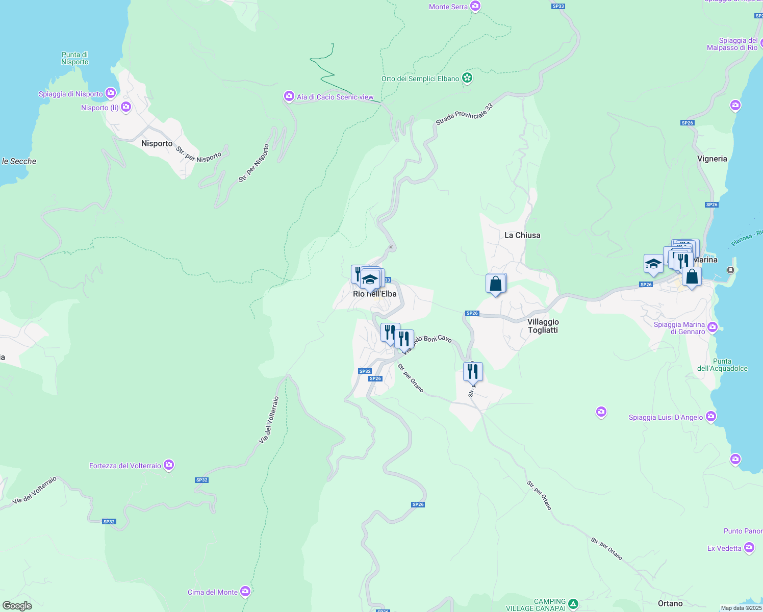 map of restaurants, bars, coffee shops, grocery stores, and more near 24 Via Aldo Moro in Rio Nell'elba