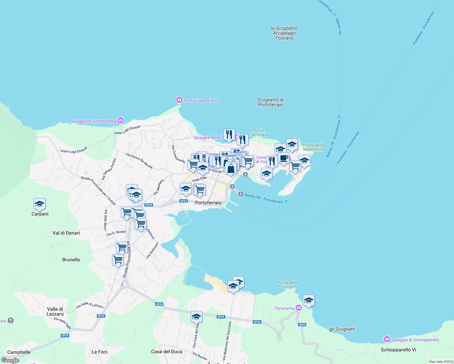 map of restaurants, bars, coffee shops, grocery stores, and more near 2 Viale Elba in Portoferraio