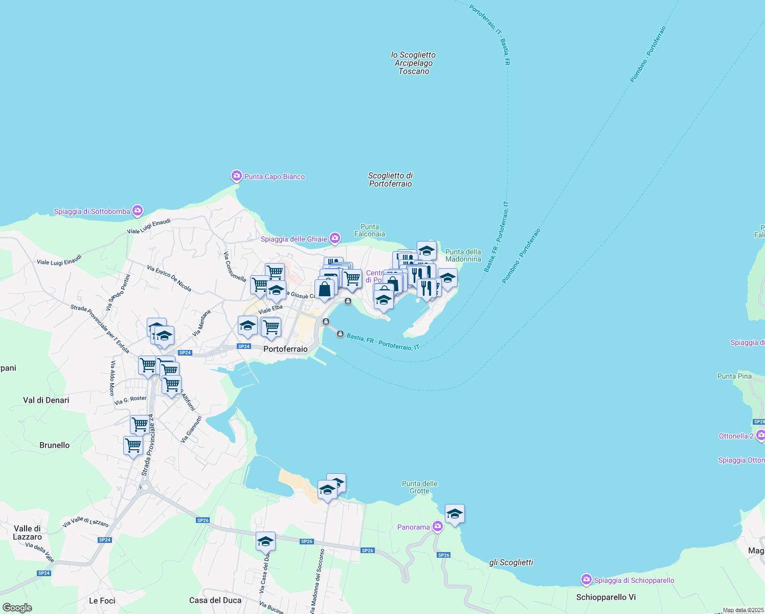map of restaurants, bars, coffee shops, grocery stores, and more near 2 Via Sebastiano Lambardi in Portoferraio