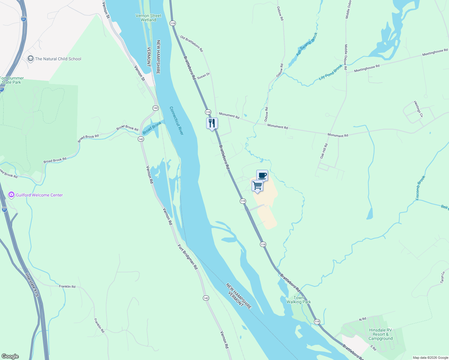 map of restaurants, bars, coffee shops, grocery stores, and more near 781 Brattleboro Road in Hinsdale