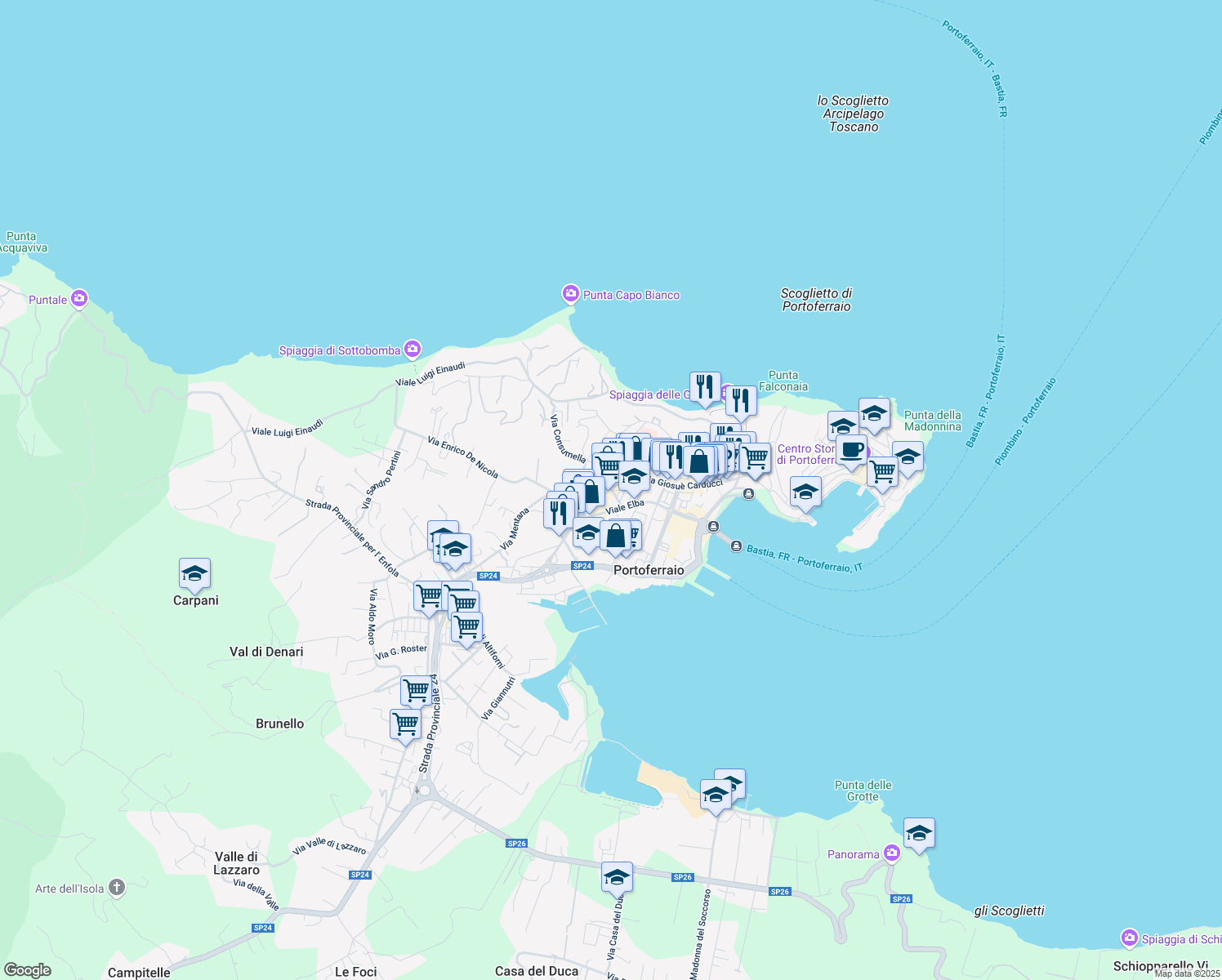 map of restaurants, bars, coffee shops, grocery stores, and more near 4 Via Rodolfo Manganaro in Portoferraio