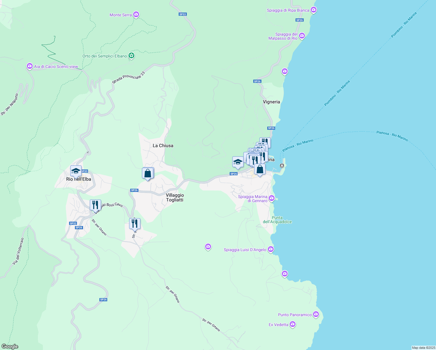 map of restaurants, bars, coffee shops, grocery stores, and more near 54 Via Principe Amedeo in Rio Marina