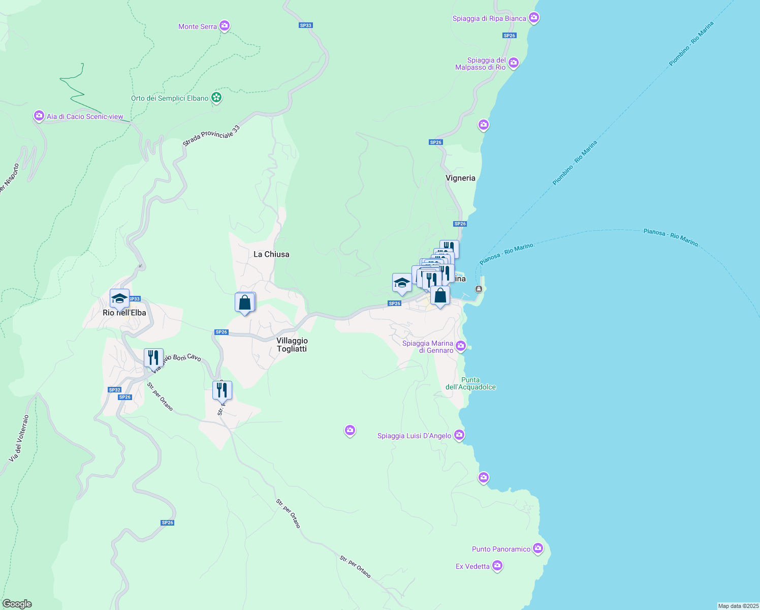 map of restaurants, bars, coffee shops, grocery stores, and more near 54 Via Principe Amedeo in Rio Marina