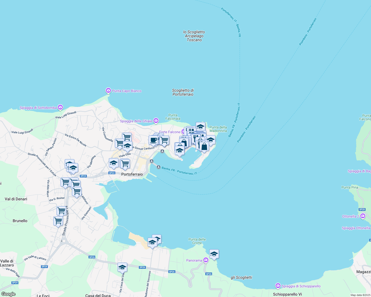 map of restaurants, bars, coffee shops, grocery stores, and more near 59 Via Guerazzi in Portoferraio