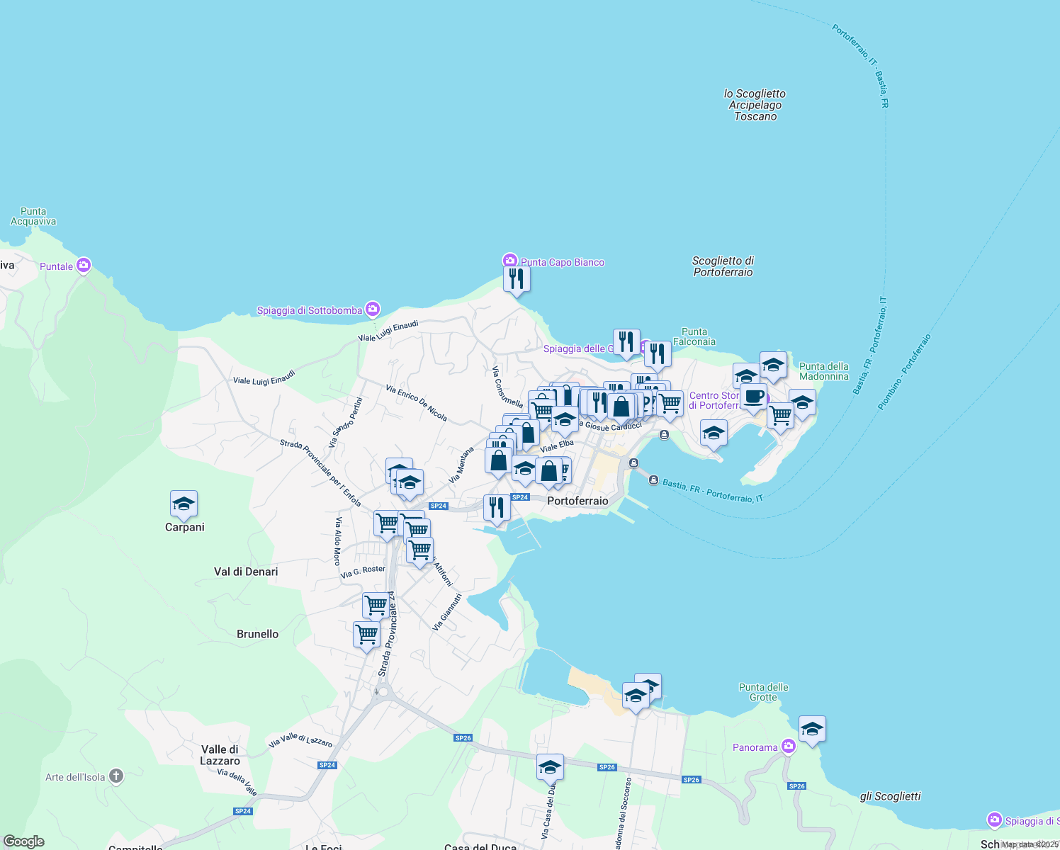 map of restaurants, bars, coffee shops, grocery stores, and more near 11 Via XX Settembre in Portoferraio