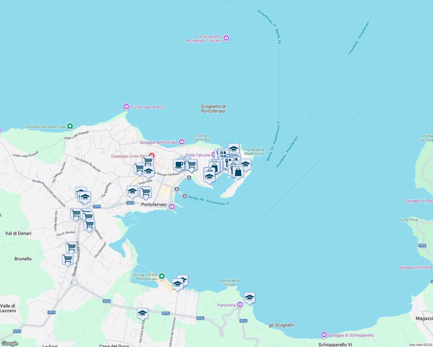 map of restaurants, bars, coffee shops, grocery stores, and more near 59 Via Guerazzi in Portoferraio