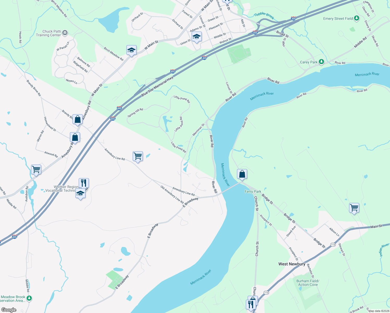 map of restaurants, bars, coffee shops, grocery stores, and more near 5 Valley Street in Merrimac