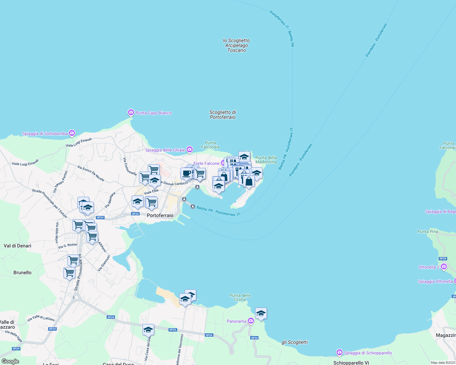 map of restaurants, bars, coffee shops, grocery stores, and more near 59 Via Francesco Domenico Guerrazzi in Portoferraio