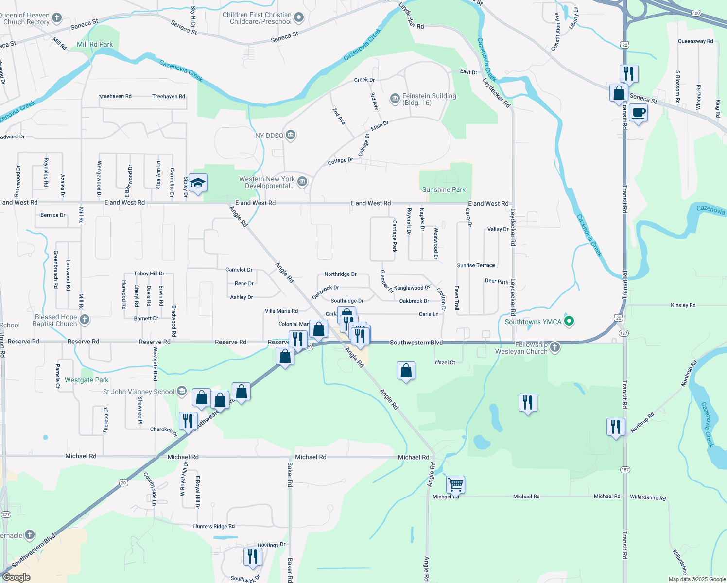 map of restaurants, bars, coffee shops, grocery stores, and more near 97 Oakbrook Dr in West Seneca