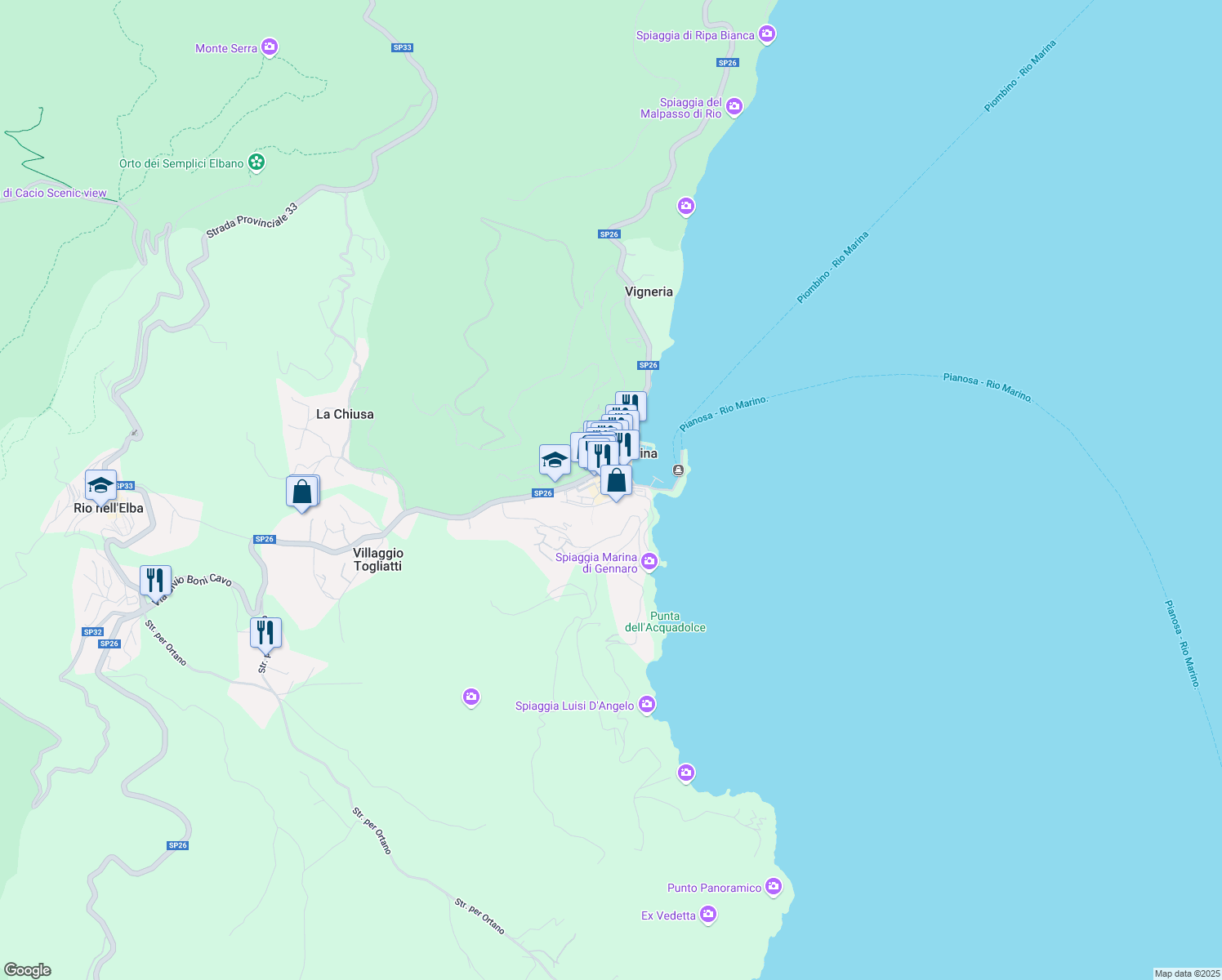 map of restaurants, bars, coffee shops, grocery stores, and more near 14 Piazza Giuseppe Mazzini in Rio Marina