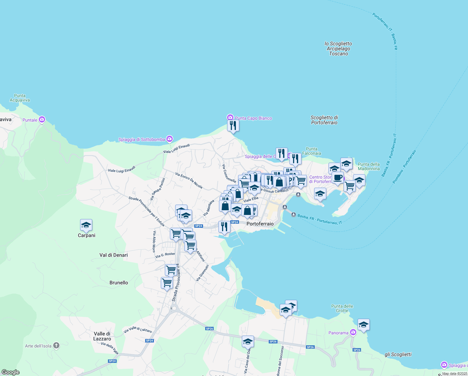 map of restaurants, bars, coffee shops, grocery stores, and more near 11 Via XX Settembre in Portoferraio