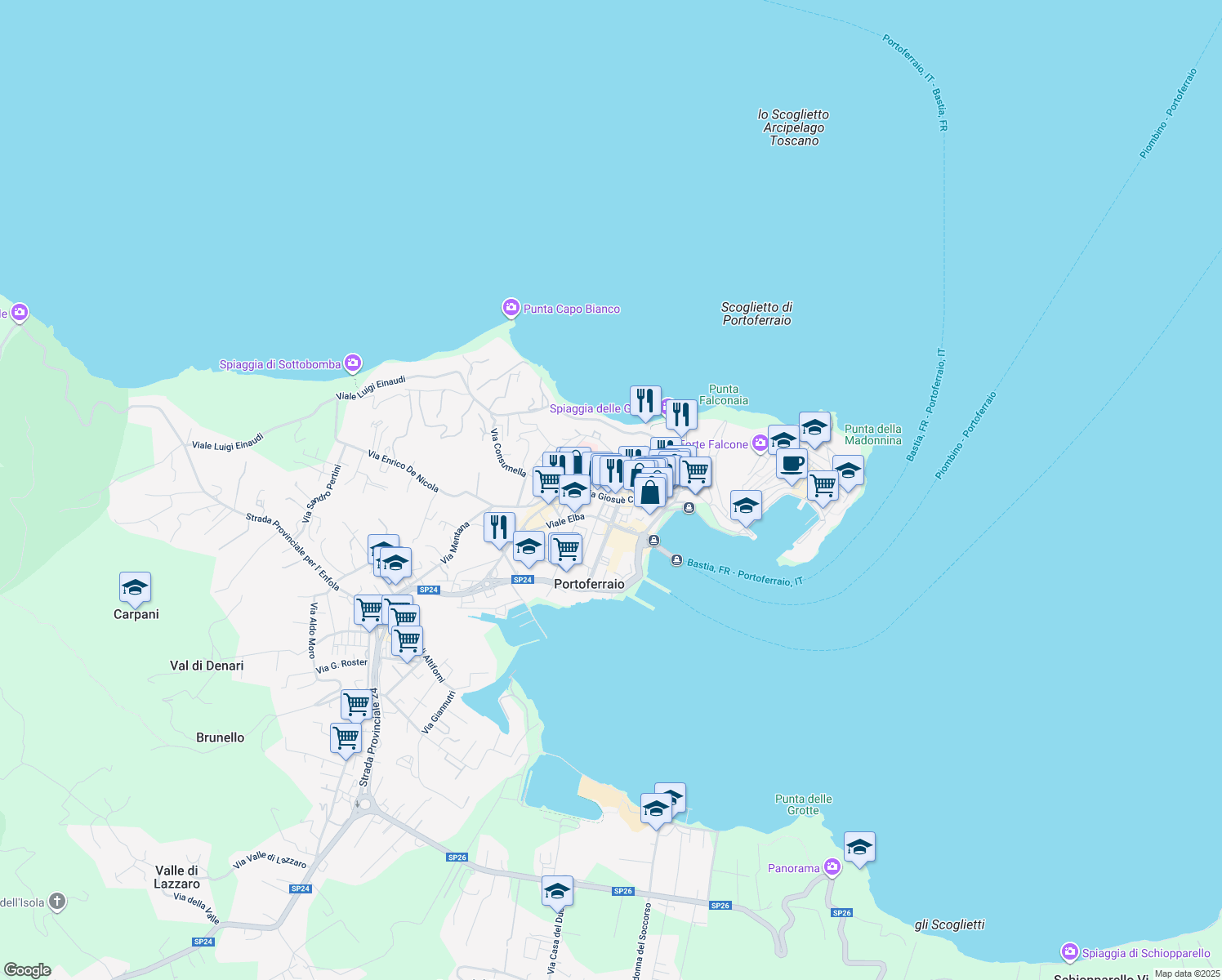 map of restaurants, bars, coffee shops, grocery stores, and more near 126 Via Giosuè Carducci in Portoferraio