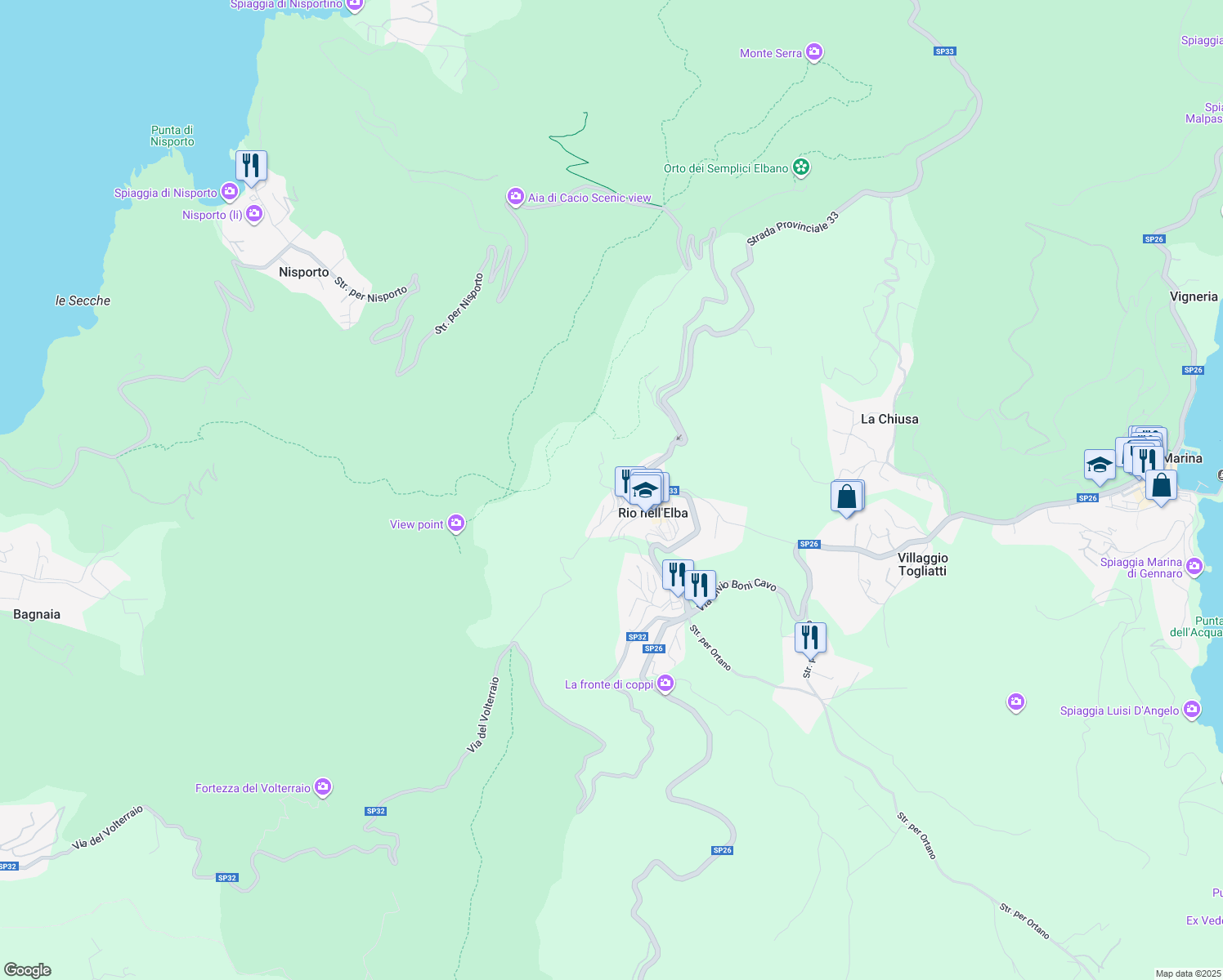 map of restaurants, bars, coffee shops, grocery stores, and more near 33 Via Solferino in Rio Nell'elba